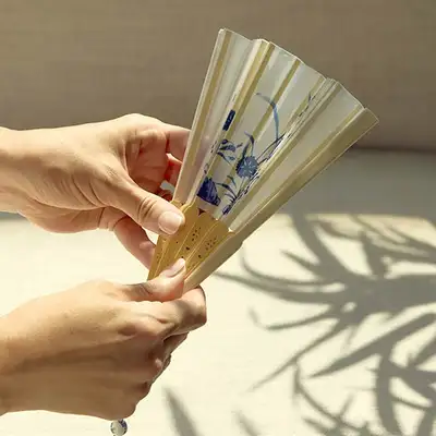 Fabric Fan (White Porcelain Blue and White Floral Design)