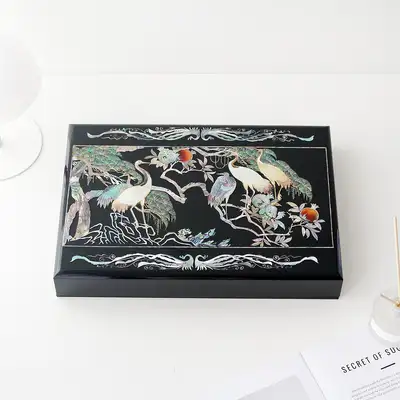 高級螺鈿漆器 原貝 貝殻箱 書類箱 松鶴 03