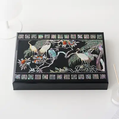 高級螺鈿漆器 原裝 貝細工箱 書類箱 松鶴 01