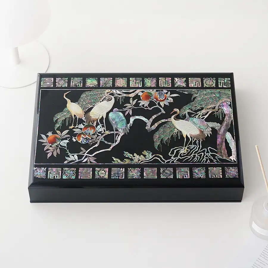 高級螺鈿漆器 原裝 貝細工箱 書類箱 松鶴 01 — 1