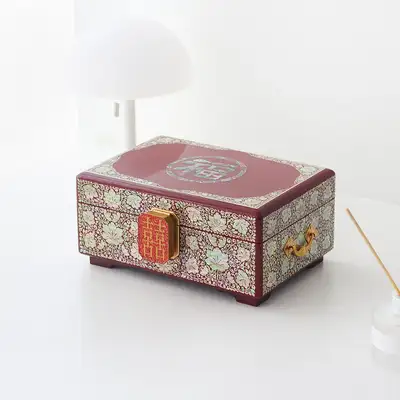 螺鈿漆器 花唐草 瑞福 漆塗 貝殻細工 根付け函(朱漆) 26センチ
