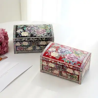 ランジェ 名品 螺鈿漆器 華麗な牡丹 1段引き出し 螺鈿ジュエリーボックス 18センチ（キム・ヨンマン文化財機能保有者作品）