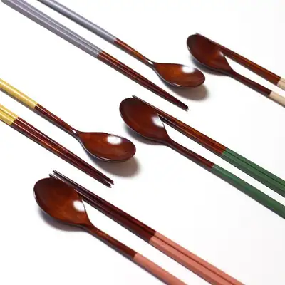 Chilmong Domestic Pure Premier Lacquered Wood Utensil Set (Spoon + Chopsticks) 24cm Single Serving