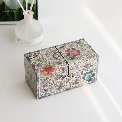 Najeon-chilgi Korea Korean Cultural Beauty Colored Flower Butterfly Double Compartment Mother-of-Pearl Jewelry Box (Crafted by Intangible Cultural Property Artisan Jang Tae-bok)