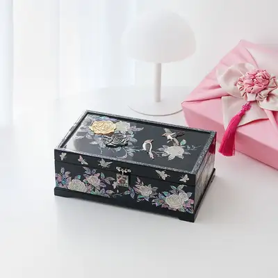 Nacre Lacquerware Korea Premium Shell-Inlaid Jewelry Box with Rose Sculpture, 2-Tier, 30cm