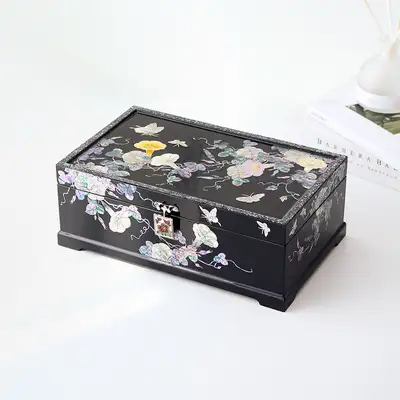 Nacre Lacquerware Korea Premium Mother-of-Pearl Jewelry Box with Morning Glory Inlay 2-Tier 30cm
