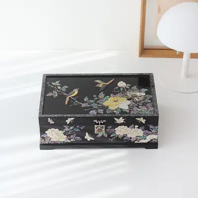 Nacre Korea Mother-of-Pearl Lacquerware Two-Tier Jewelry Box with Peony Design, Black, 30cm