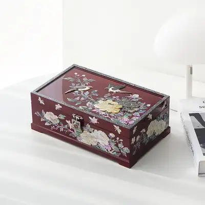 螺鈿漆器 韓國文化之美 高級螺鈿漆器圓盤 牡丹 雙層首飾盒 紅色30公分
