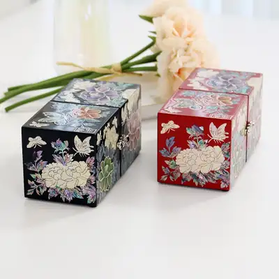螺鈿漆器 Korea 華麗的韓國傳統技法牡丹迷你雙合貝殼寶石盒(金英滿作品)