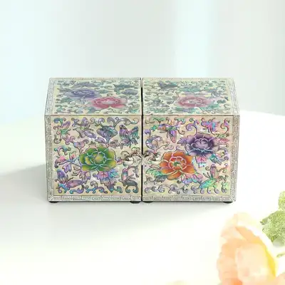 螺鈿漆器 韓國傳統彩色牡丹迷你雙合貝殼珠寶盒