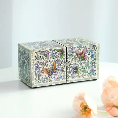 螺鈿漆器 Korea 韓國美麗彩色蝴蝶迷你雙合貝殼珠寶盒