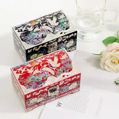 螺鈿漆器 韓國傳統禮物 花松鶴 迷你貝殼首飾盒 15公分(金英萬作品)