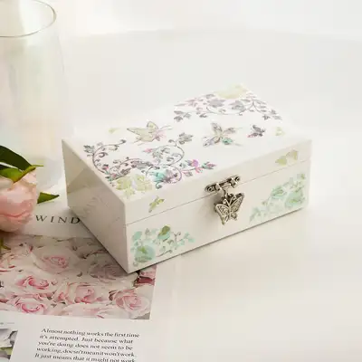 Nacre Lacquerware Korea White Butterfly Peony Mother-of-Pearl Jewelry Box 16cm