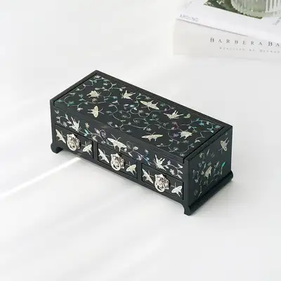 Nacre Lacquerware Korea Traditional Beauty 3-Drawer Mother-of-Pearl Jewelry Box with Scroll and Butterfly Motif 23cm