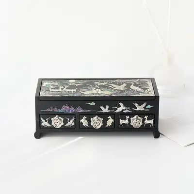 Nacre-Inlaid Lacquerware Korea - Three-Drawer Mother-of-Pearl Jewelry Box with Ten Symbols of Longevity Design 23cm