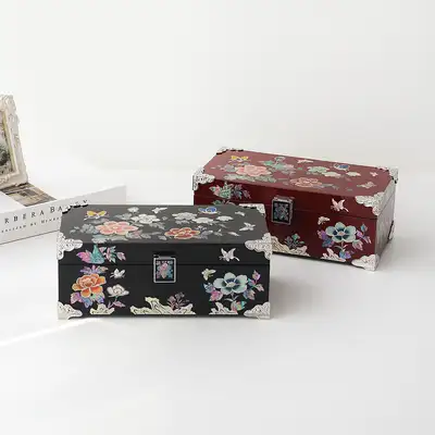 Nacre Lacquerware Korea - Traditional Mother-of-Pearl Inlaid Lacquer Jewelry Box with Colored Peony and Butterfly Design 24cm