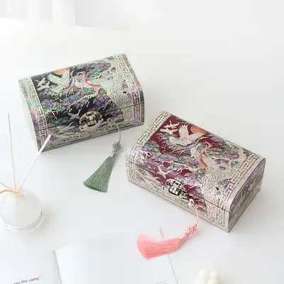 Nacre Lacquerware Korea - Korean Cultural Beauty Mother-of-Pearl Inlaid Lacquer Jewelry Box with Crane and Moon Design, Dome Lid 24cm