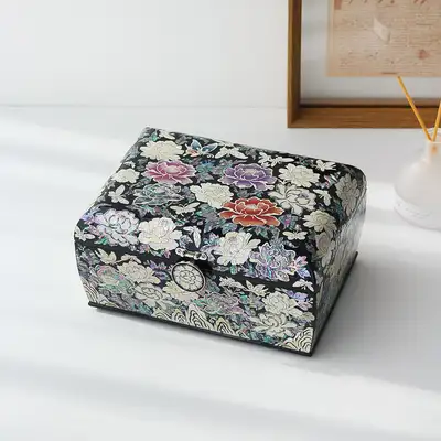 螺鈿漆器 韓國文化之美 華麗牡丹滾圓貝殼珠寶盒 24公分