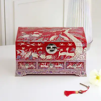 Nacre Inlay Lacquerware Korea 花松鶴珠寶盒 四抽屜式 紅色 32公分