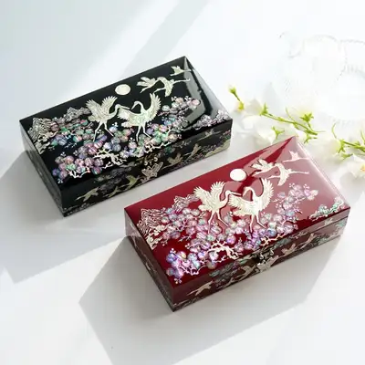 螺鈿漆器韓國傳統貝殼盒松鶴單層貝殼寶石盒23厘米