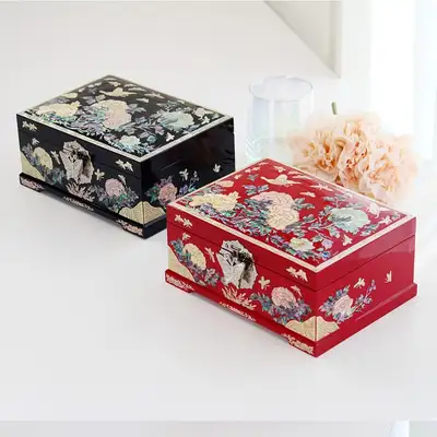 羅鈿漆器 韓國 華麗傳統珍珠寶石盒 彩色牡丹花 貝殼寶石盒 18公分