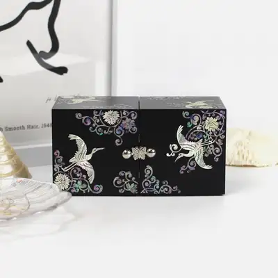 螺鈿漆器 Korea 優雅設計的鶴當初 迷你雙合 貝殼寶石盒