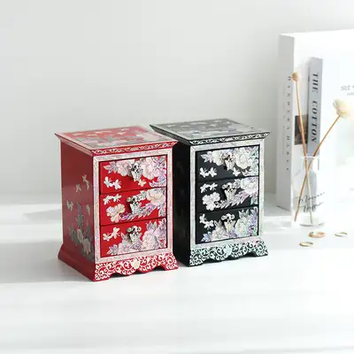 Mother-of-Pearl Lacquerware Korea Traditional Korean Culture Beauty Peony Flower Arabesque Three-Drawer Shell Jewelry Box