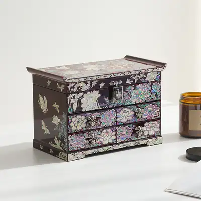 Hanji Mother-of-Pearl Lacquerware Korea Jewelry Box with Colored Peony Pattern, 4-Drawer, Wine