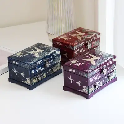 螺鈿漆器 Korea 華麗韓國傳統工藝品 松鶴 1層 2抽屜 韓紙貝殼珠寶盒