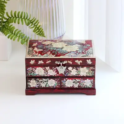 螺鈿漆器 韓國華麗傳統工藝品牡丹 1層2抽屜韓紙貝殼寶石盒