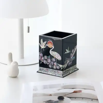 Najeon Chilgi Korea Traditional Lacquerware Colored Crane and Pine Square Pencil Holder