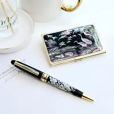 傳統韓國紀念品(2種組合)金貝殼名片夾K+貝殼圓珠筆組合