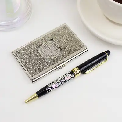 傳統韓國紀念品(2件套)金屬銀名片盒K+螺鈿圓珠筆(花鶴)
