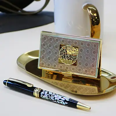 傳統韓國紀念品(2件組)金屬金色名片夾K+螺鈿圓珠筆