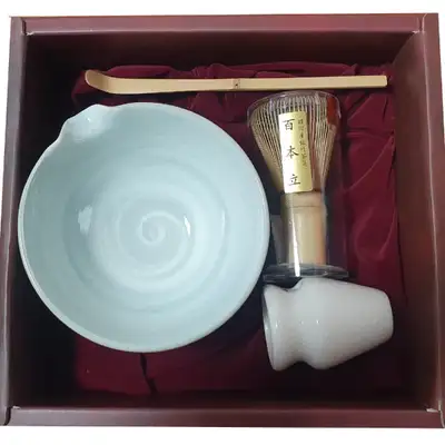国产抹茶茶道套装 粉青归釉 4件套 水注 茶碗 茶筅 茶勺架
