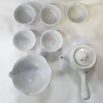 高级白瓷荷叶五人茶具套装 新型茶具礼盒