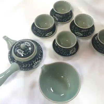 青瓷草纹五人茶具套装 茶道礼盒