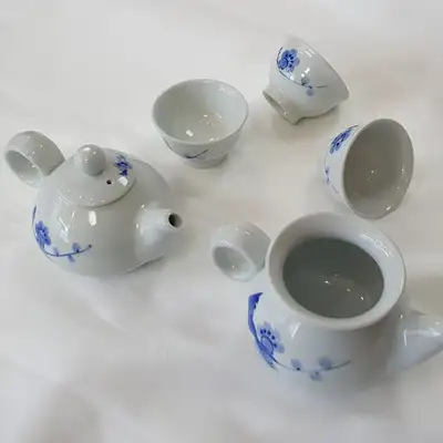 青花白瓷梅花纹三人茶具茶道套组