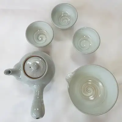 粉青刮毛纹三人茶器茶道套装