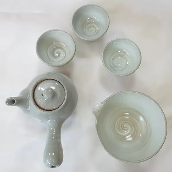 粉青刮毛纹三人茶器茶道套装