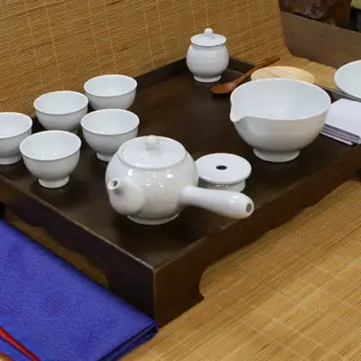 茶道课用仿古茶桌白瓷5人茶具套装教育用茶道套组