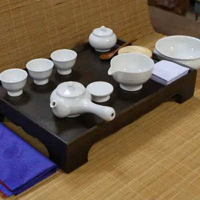 儿童茶道课用古董茶桌白瓷3人完整茶具套装教育用茶道套装