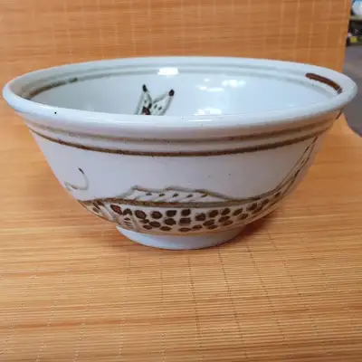 韩陶窑 白瓷铁画鱼文大茶碗 大韩民国名匠14号 徐光洙 作品