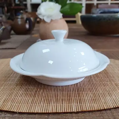 新白瓷荷叶茶果盒(中)/茶果盘+盖子套装