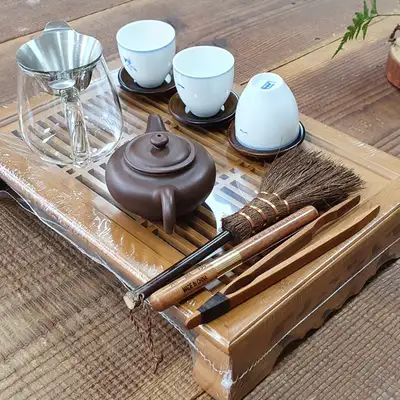 普洱茶茶具套組 3人用 新10號/竹製茶盤(小)/自砂茶杯 等