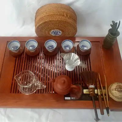 普洱茶茶具套組 5人用 新10號 原木茶盤(特大) 紫砂茶杯等
