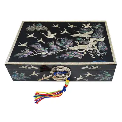 Rectangle Size 9 Single-Tier Mother-of-Pearl Jewelry Box - Crane and Pine Blue