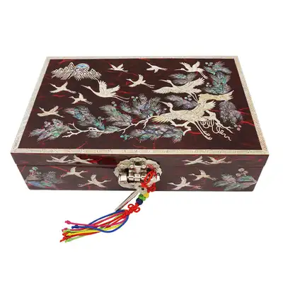 Rectangular No. 9 Single-Tier Jewelry Box - Cranes and Peonies in Red