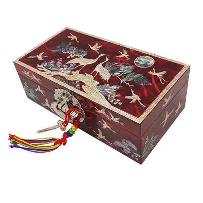 Rectangular Size 7 Single-Tier Mother-of-Pearl Jewelry Box - Crane Red