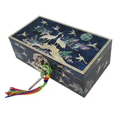 Rectangular No. 7 Single-Tier Jewelry Box with Key - Cranes and Pine in Blue